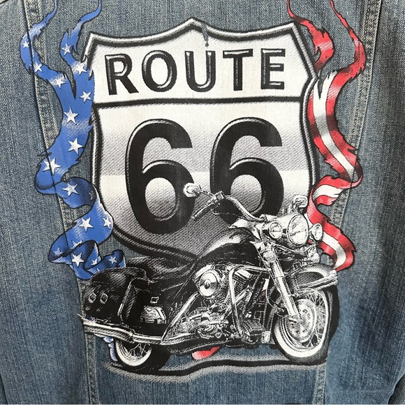 Vintage XL fleece lined denim jacket with custom Route 66 and Harley patches - Picture 4 of 13